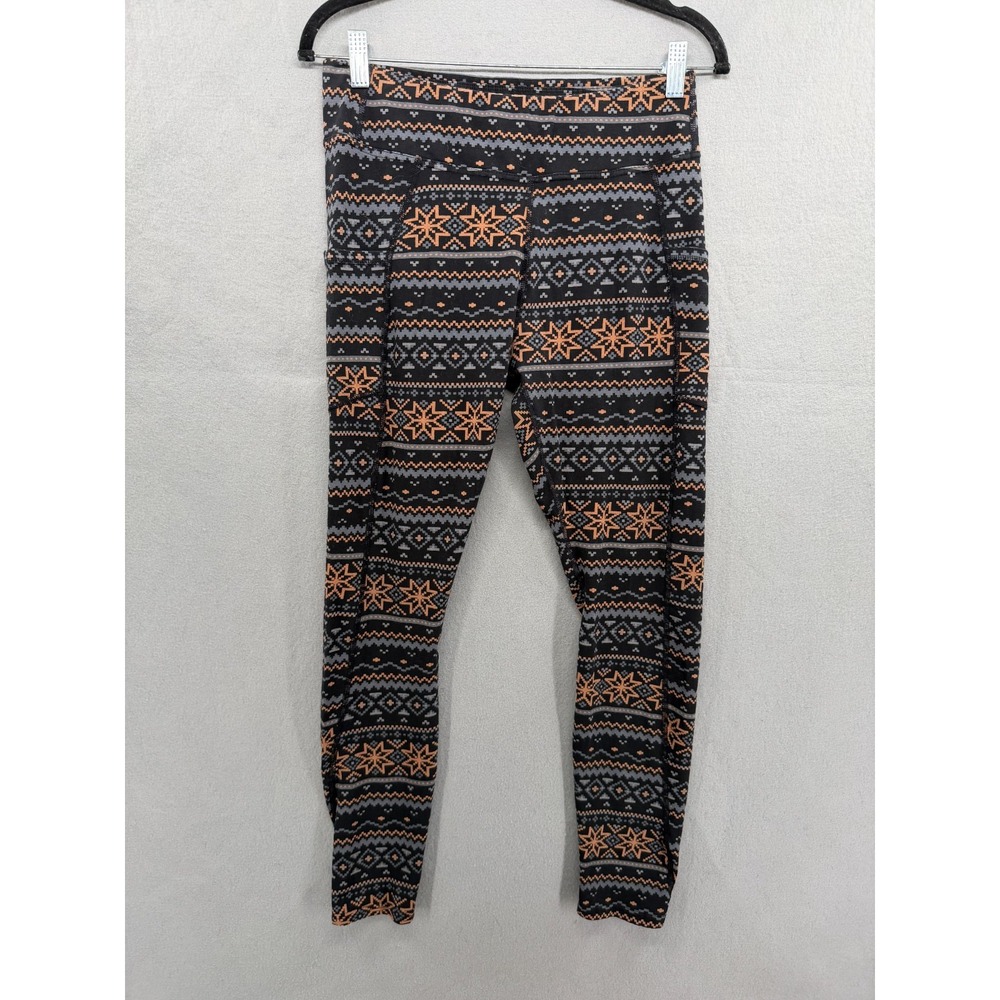 Pact Leggings Womens M Black Brown Fair Isle High Rise Ankle Organic Pockets